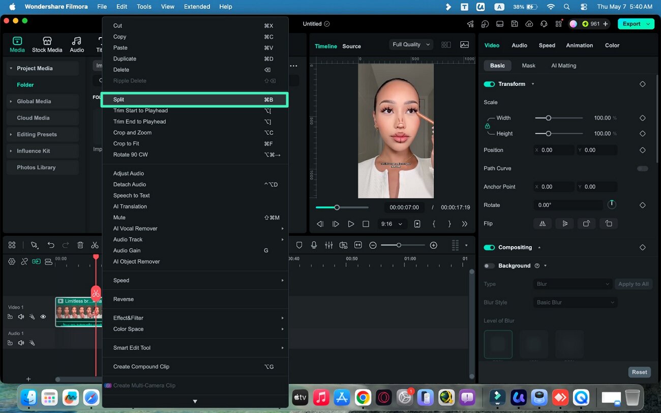 split clip using timeline
