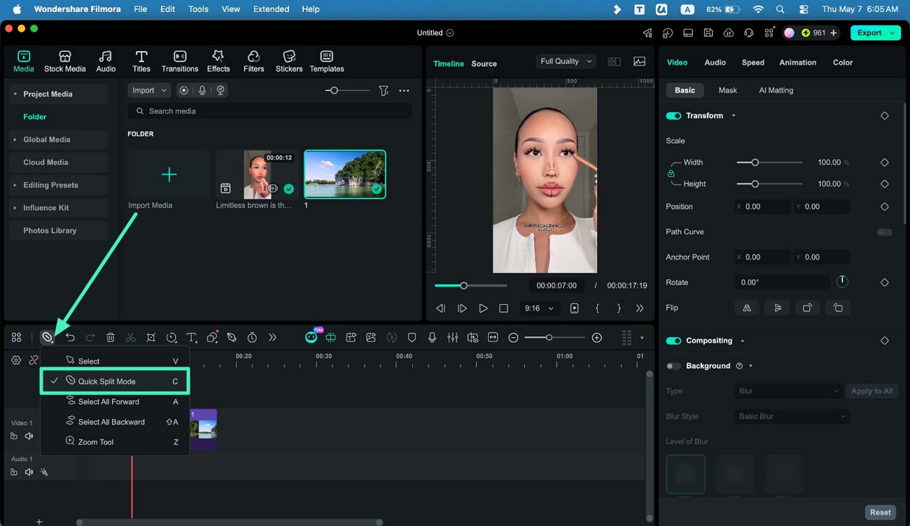 quick split mode filmora mac