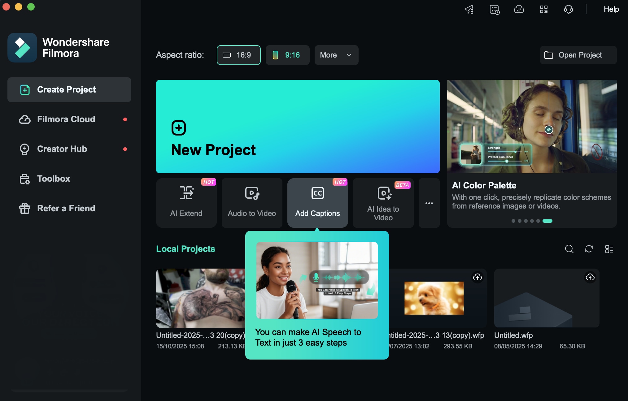 Add Captions button on Filmora startup page