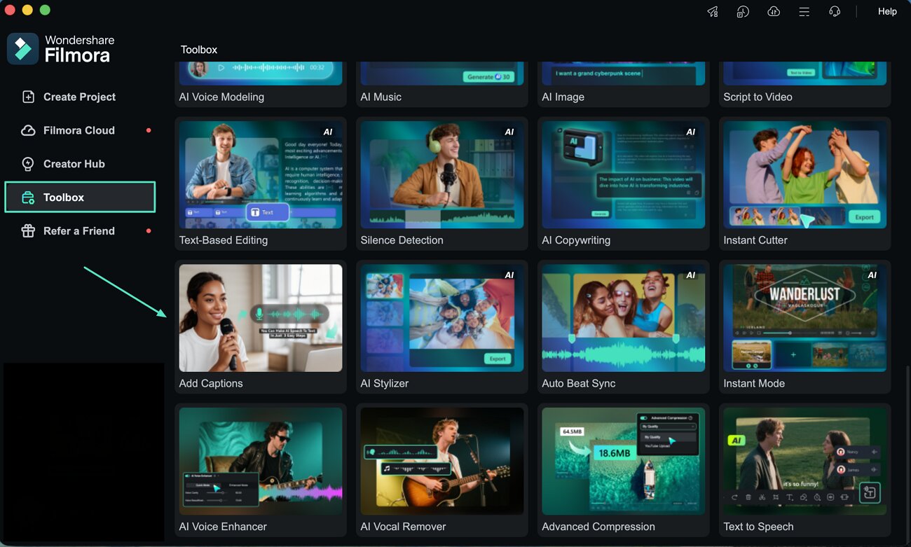 access add captions from toolbox