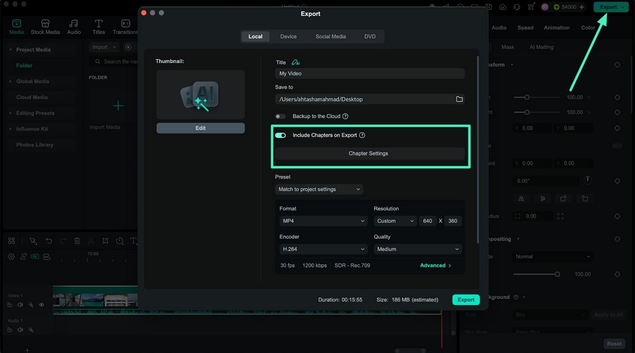 open chapter settings from export window