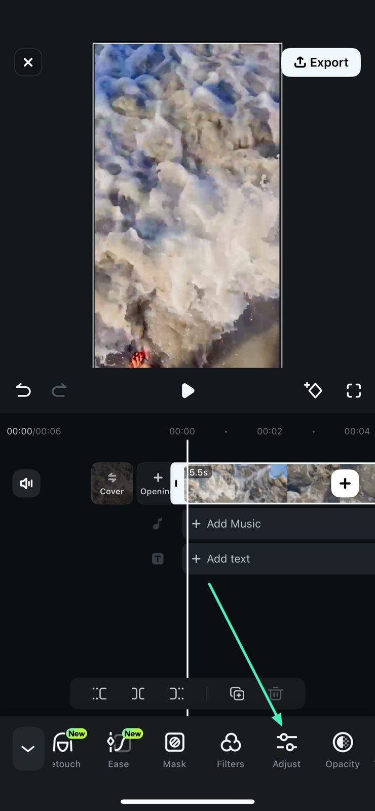 open adjust panel filmora app