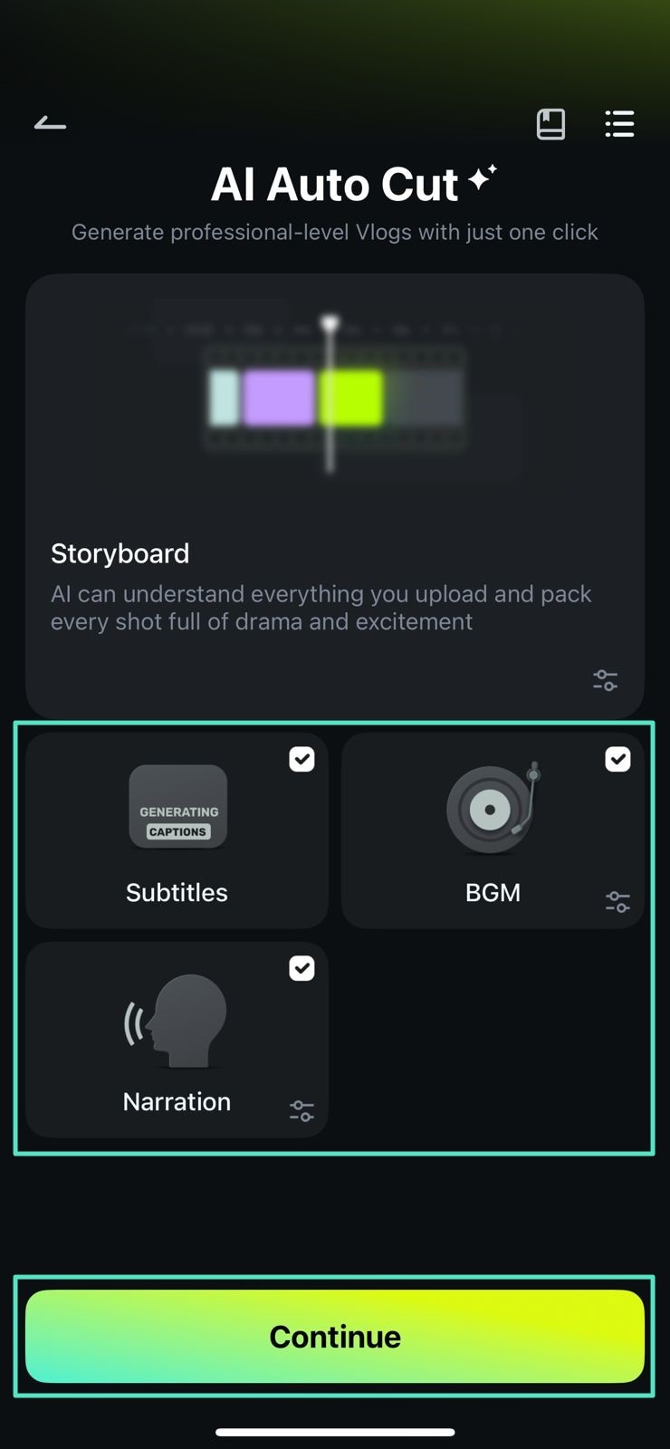 select storyboard options press continue