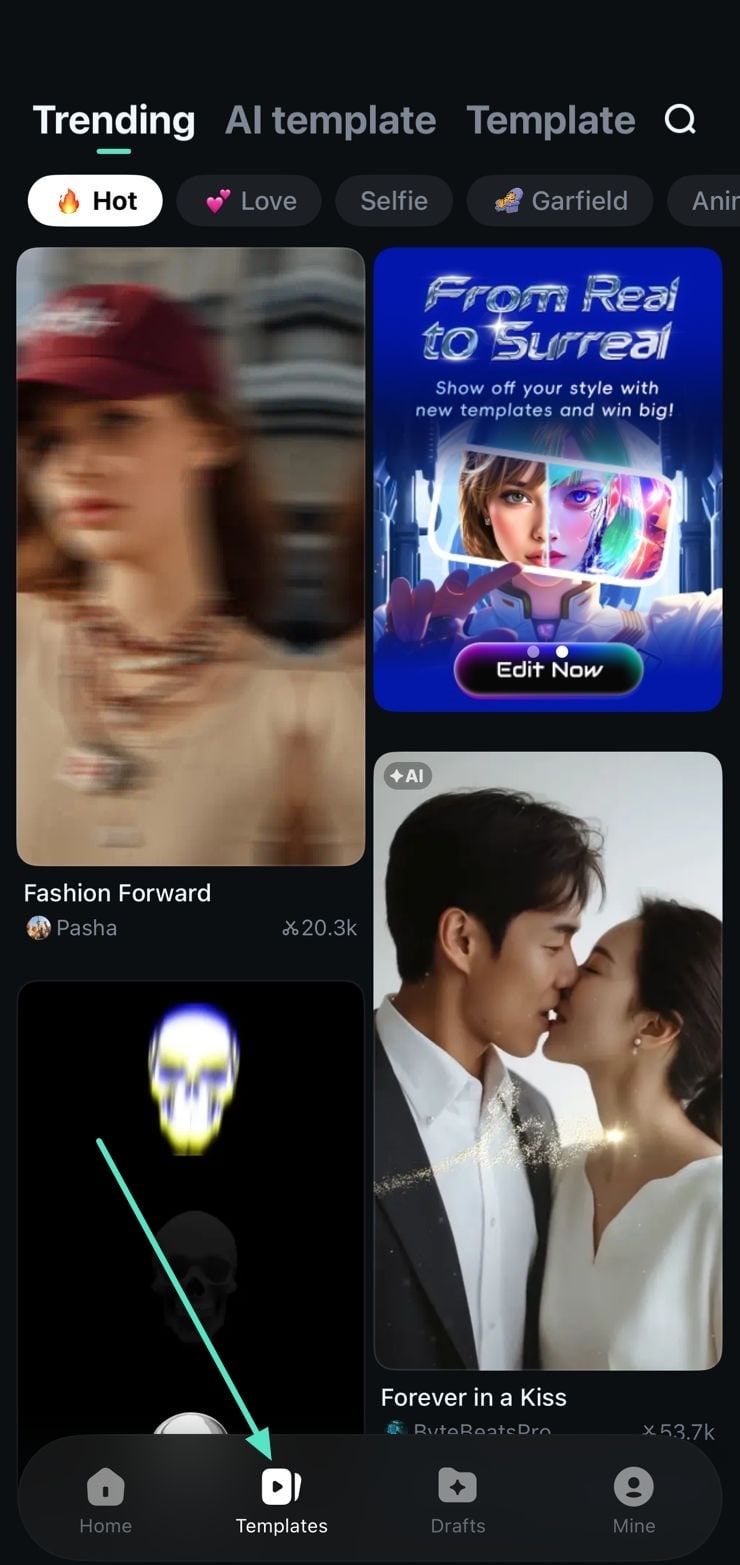 templates section filmora app