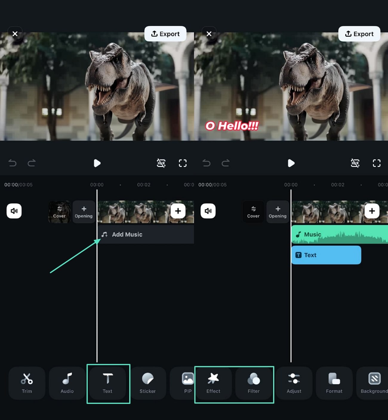 add music and text filters to video
