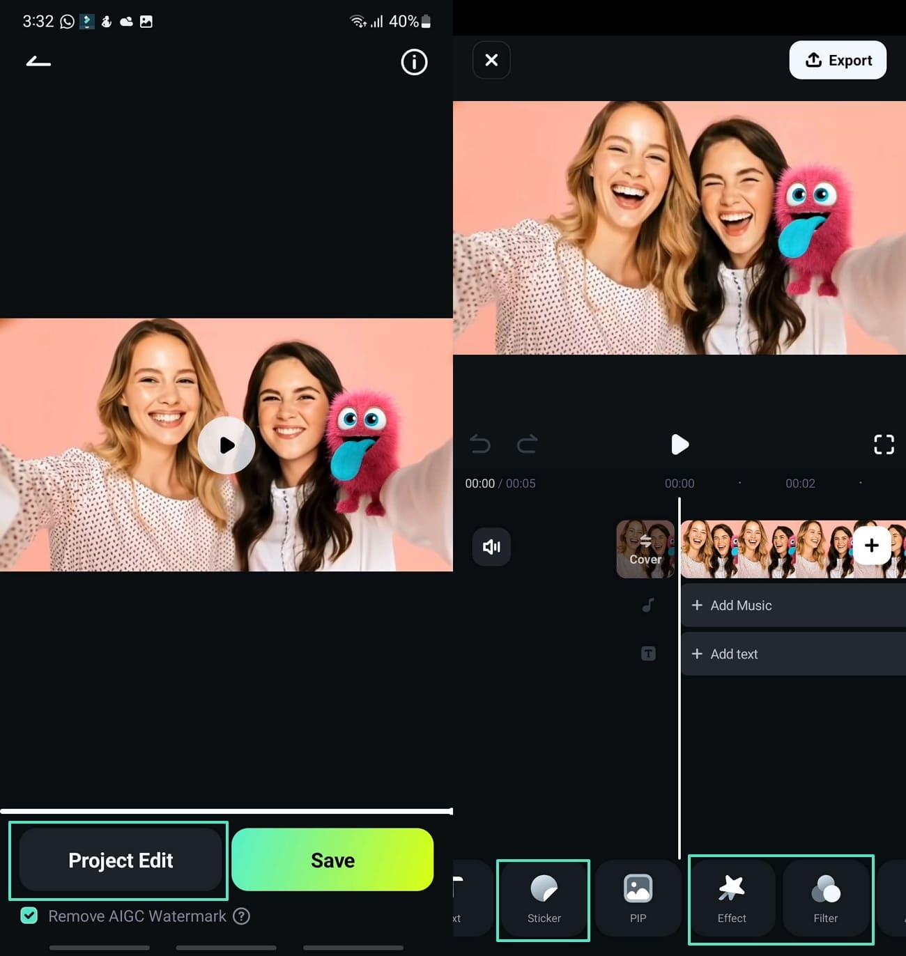 edit project add stickers and effects