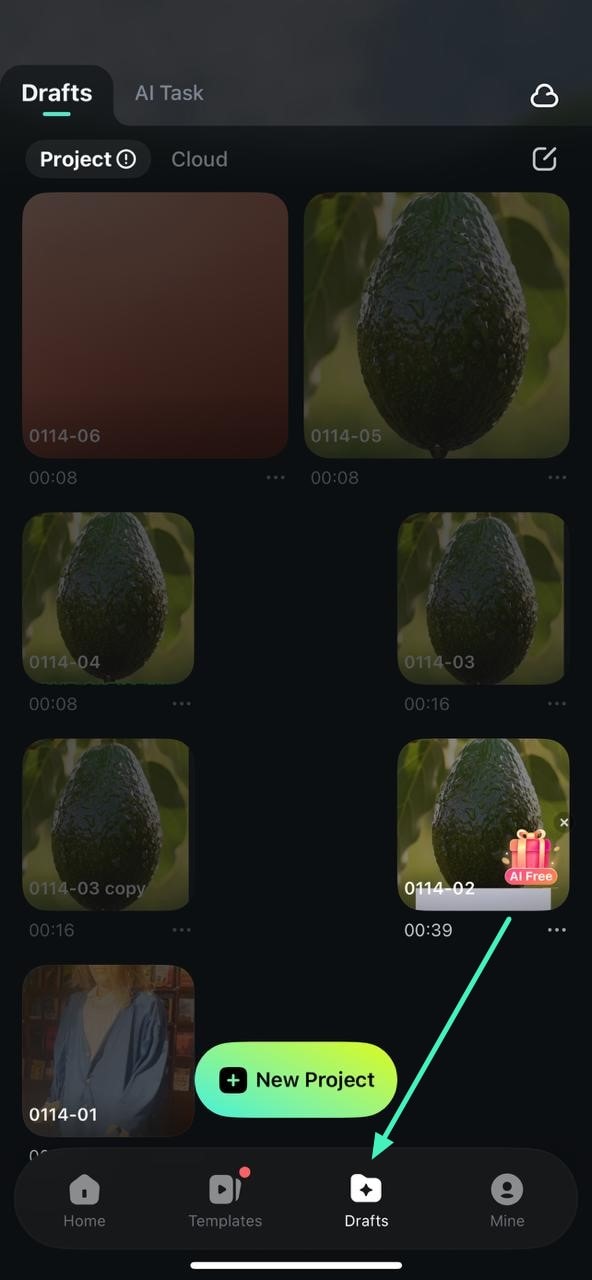 tap drafts tab in filmora