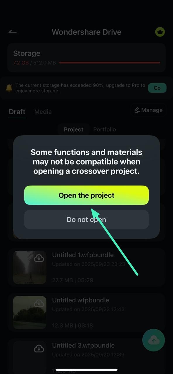 open desired project filmora cloud