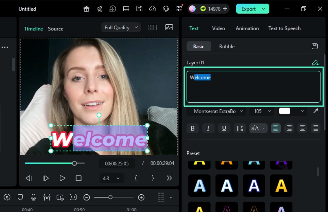 open properties panel for text