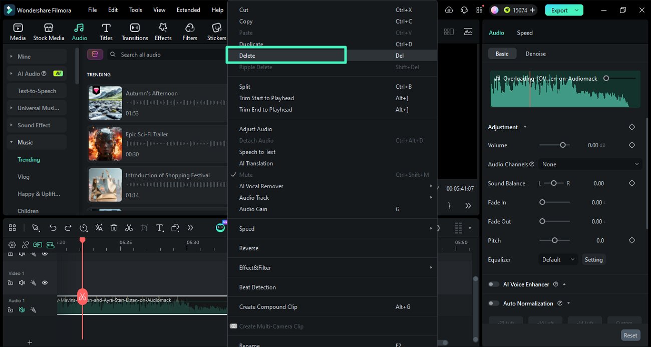 delete audio from timeline