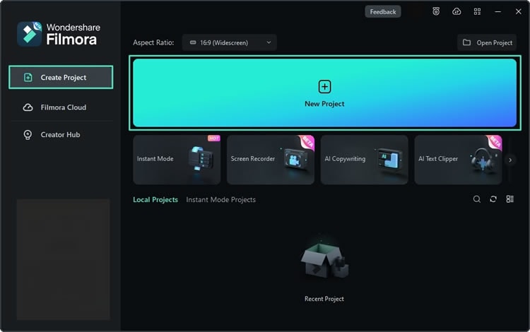 Inicie o Filmora e clique em 'Novo Projeto.