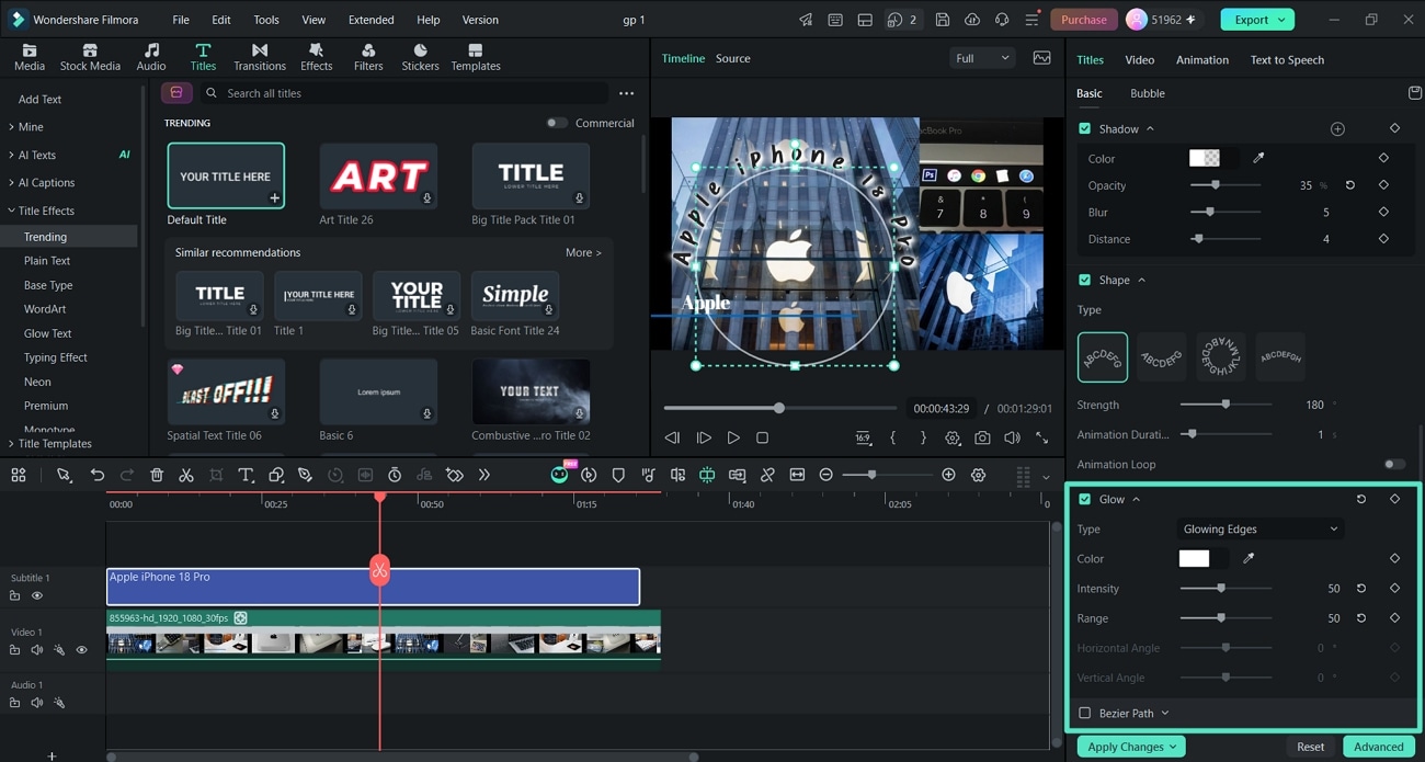 apply text shape glow effects