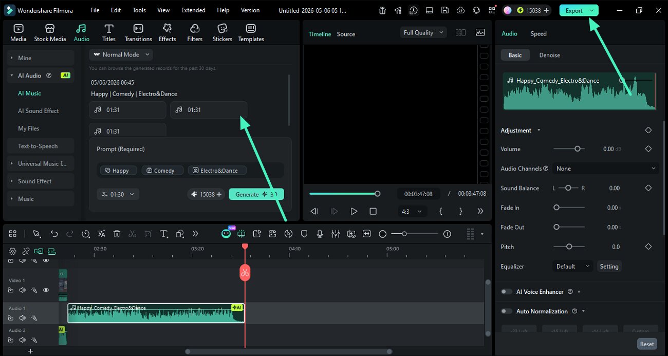 preview and export generated music