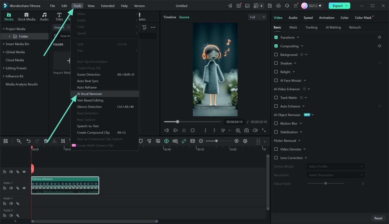 Choose AI Vocal Remover from the top toolbar