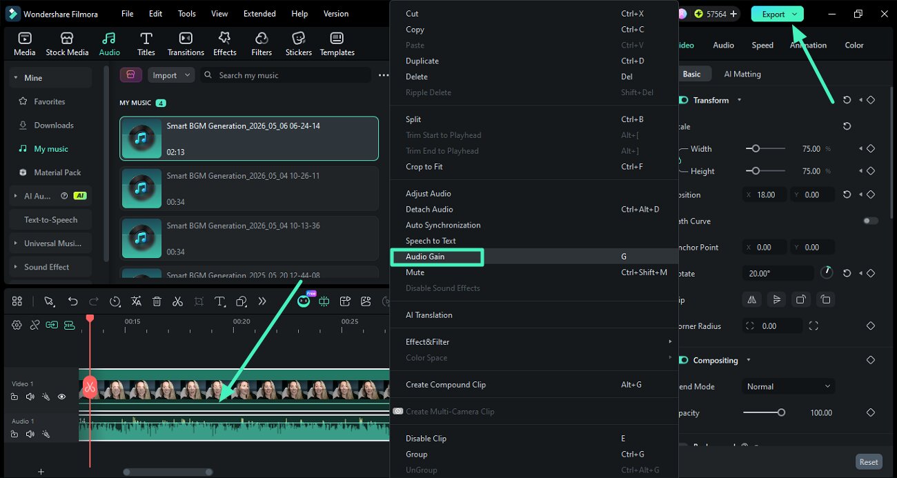 select multiple clips apply audio gain