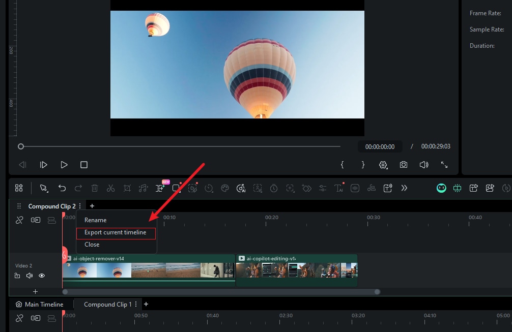 Exporting a current timeline from its tab