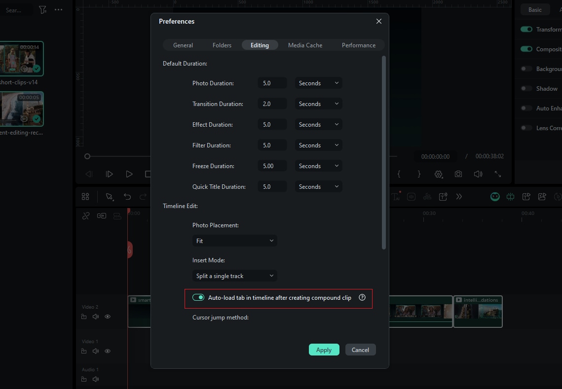 Timeline preferences for compound clips