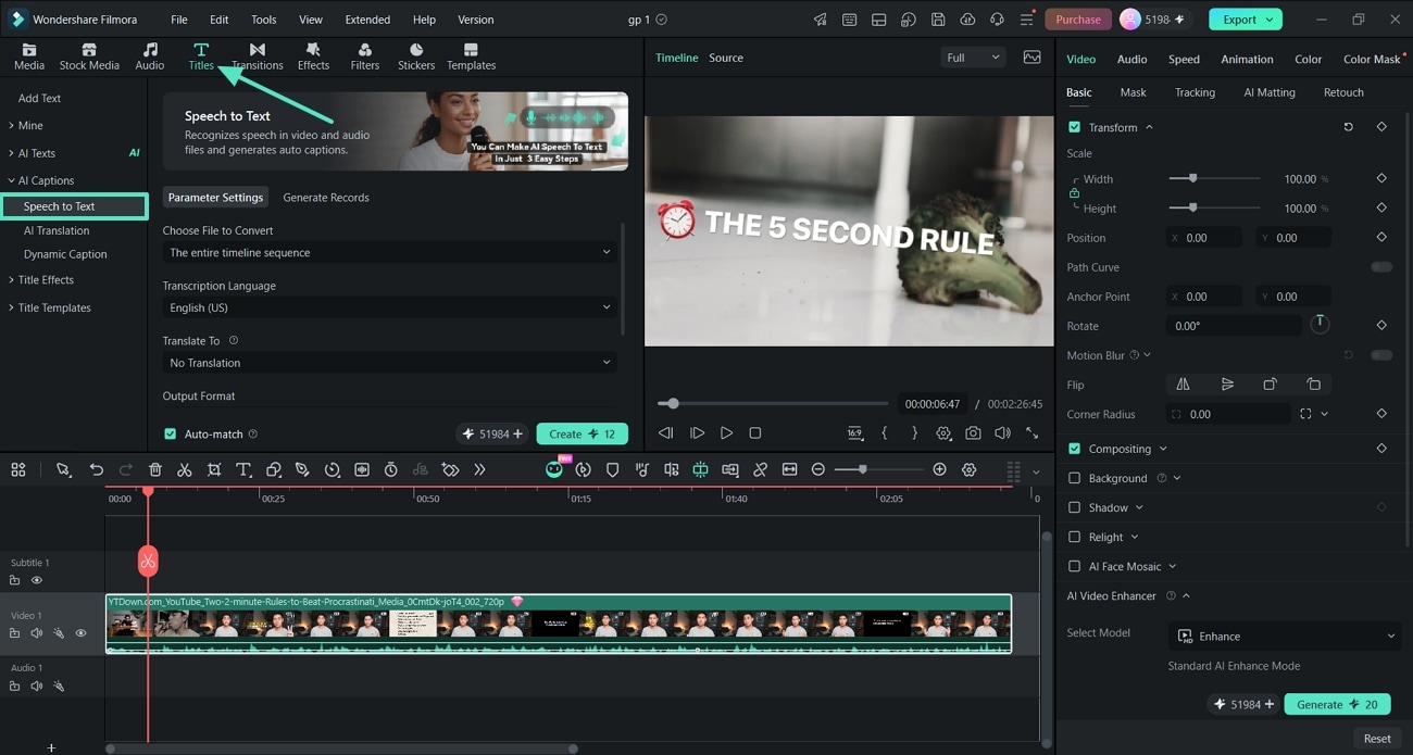 generate automatic captions with Speech to Text in Filmora