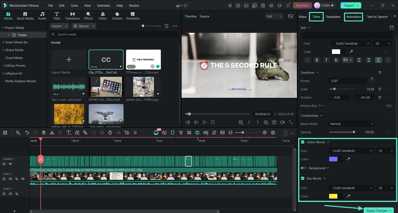 Active Words and Key Words in Filmora Dynamic Captions