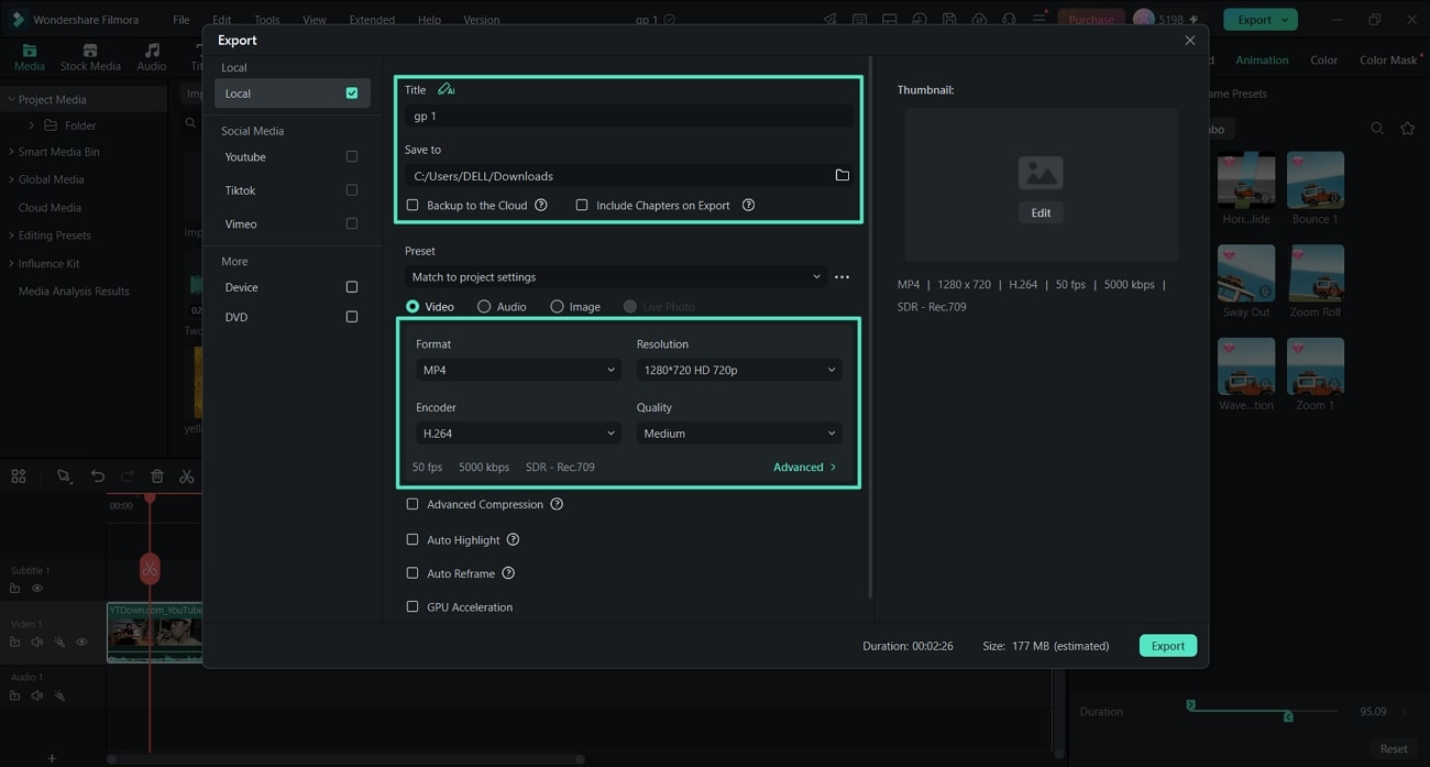 configure local video export settings