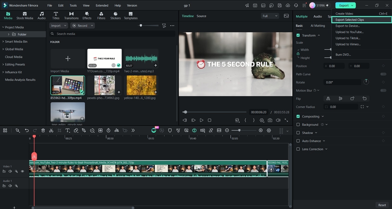select batch filmora timeline clips