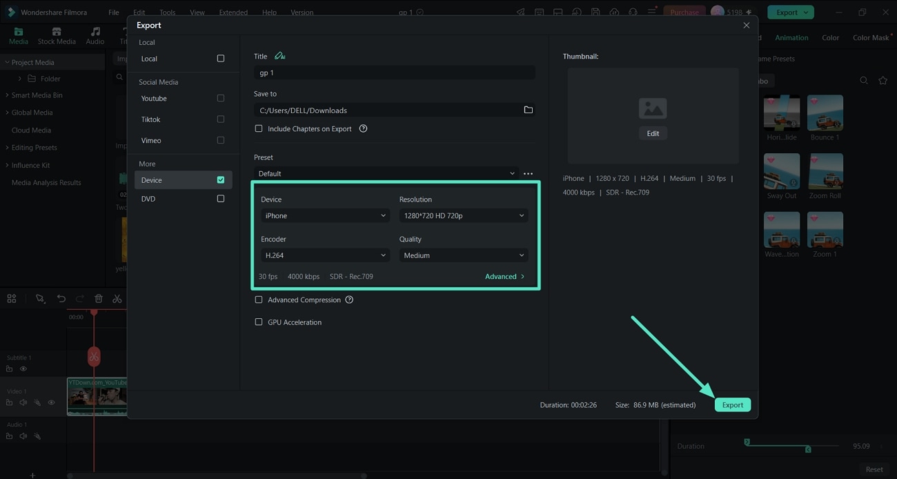 choose device export settings