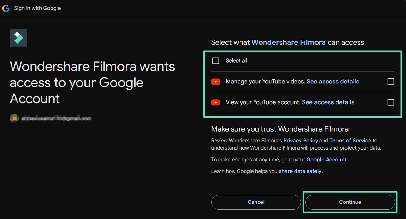connect youtube account filmora