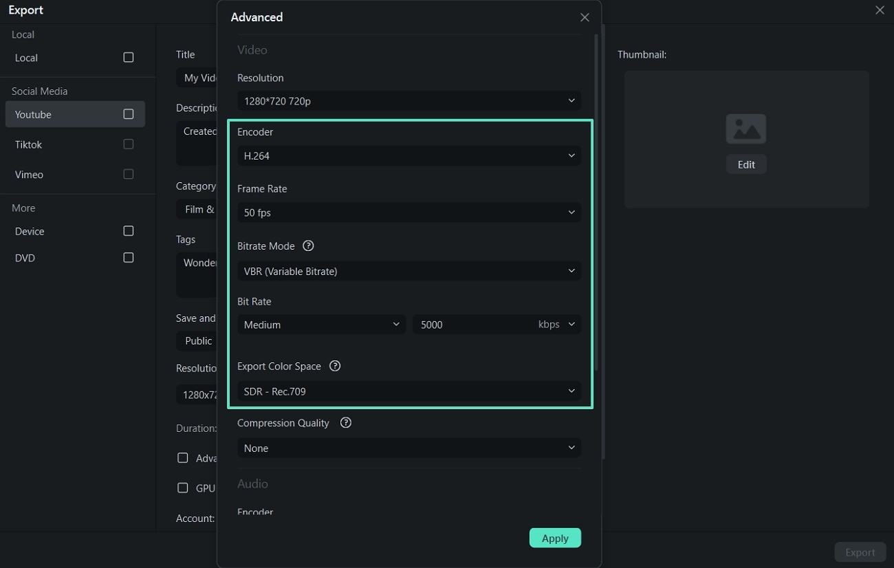 adjust youtube export settings
