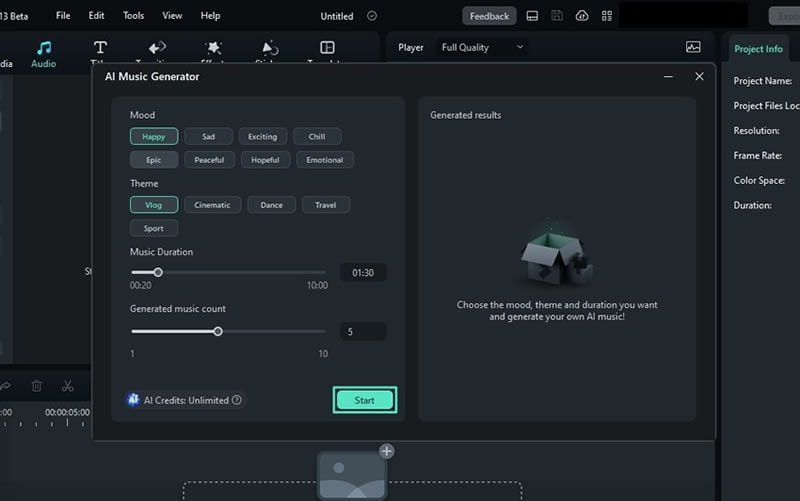 configura los elementos musicales y toca inicio