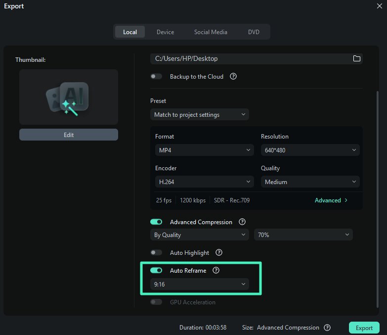 enable auto reframe export window