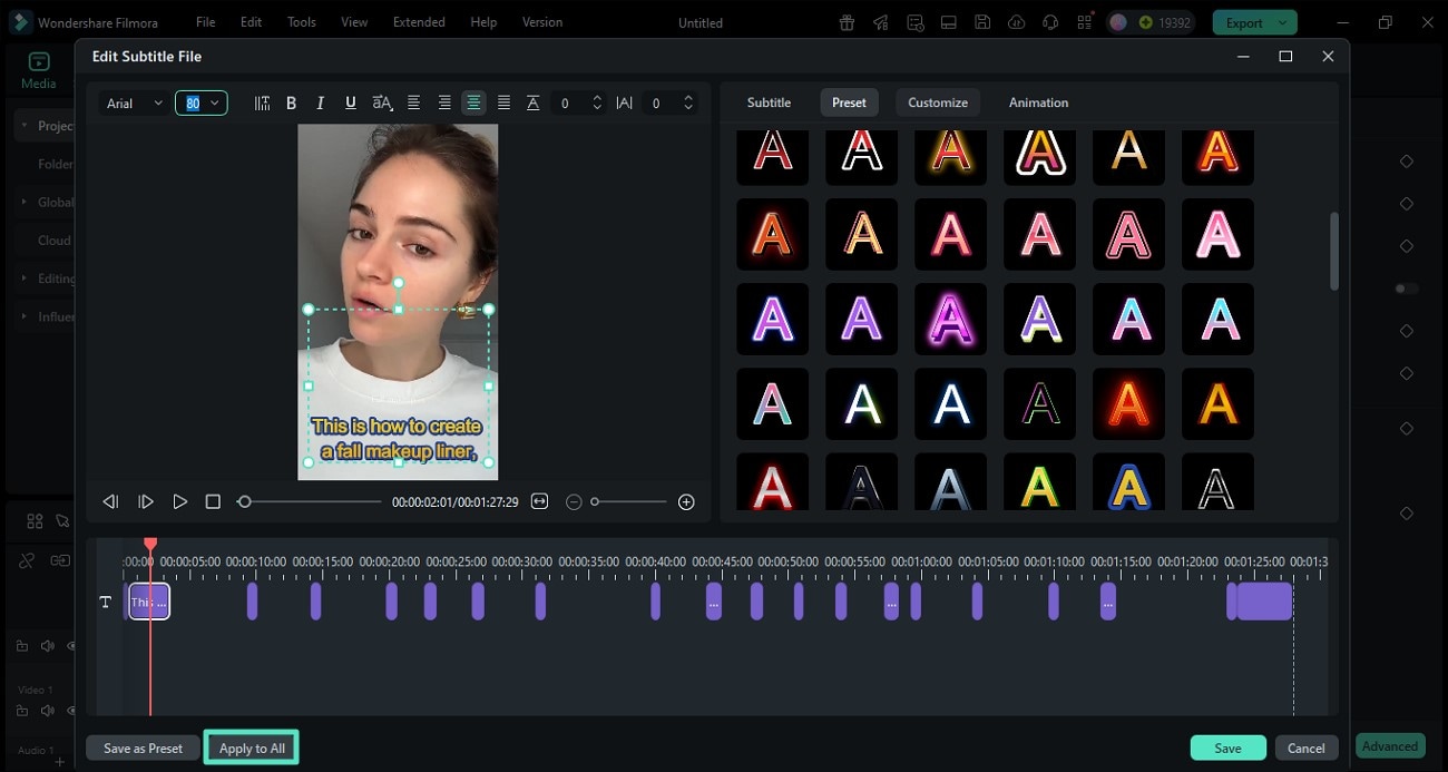 редактировать сгенерированные субтитры на таймлайне