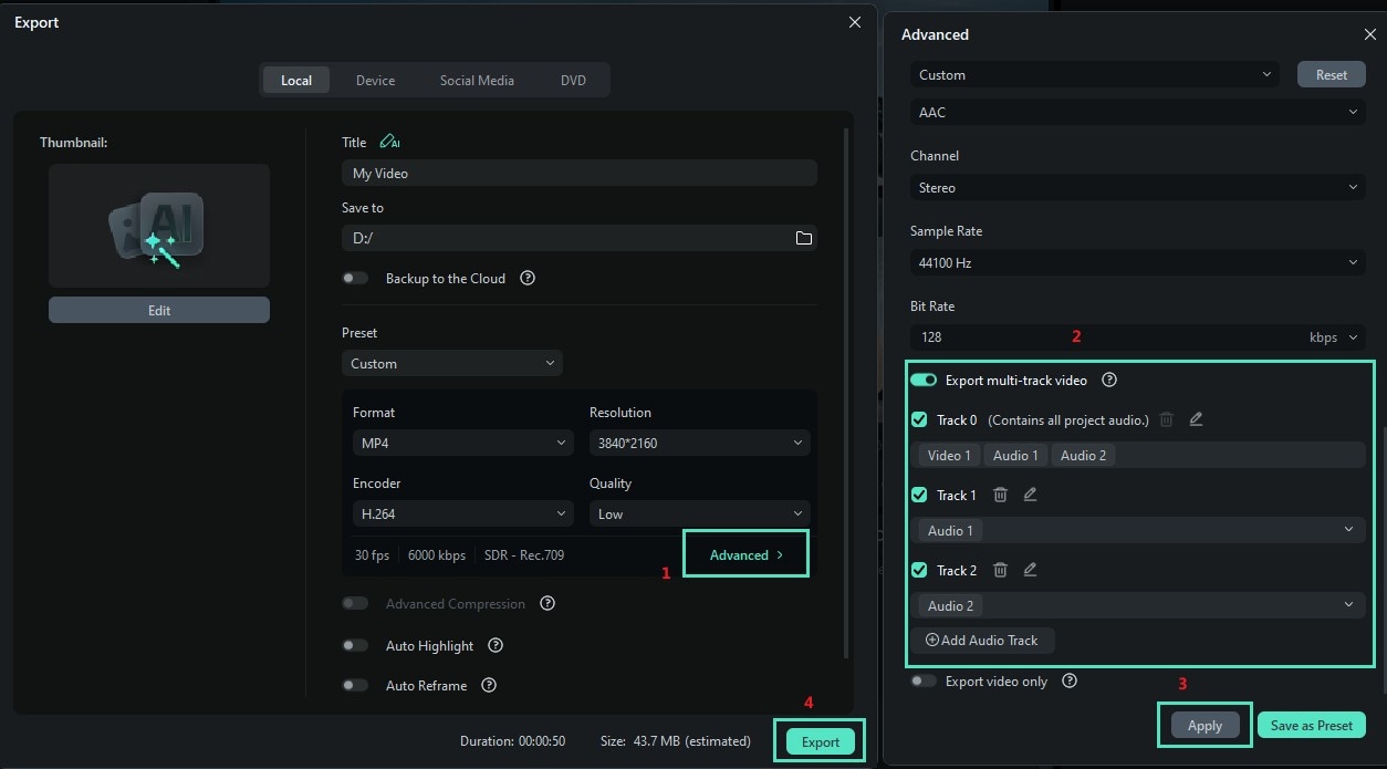 enable export multi track video function