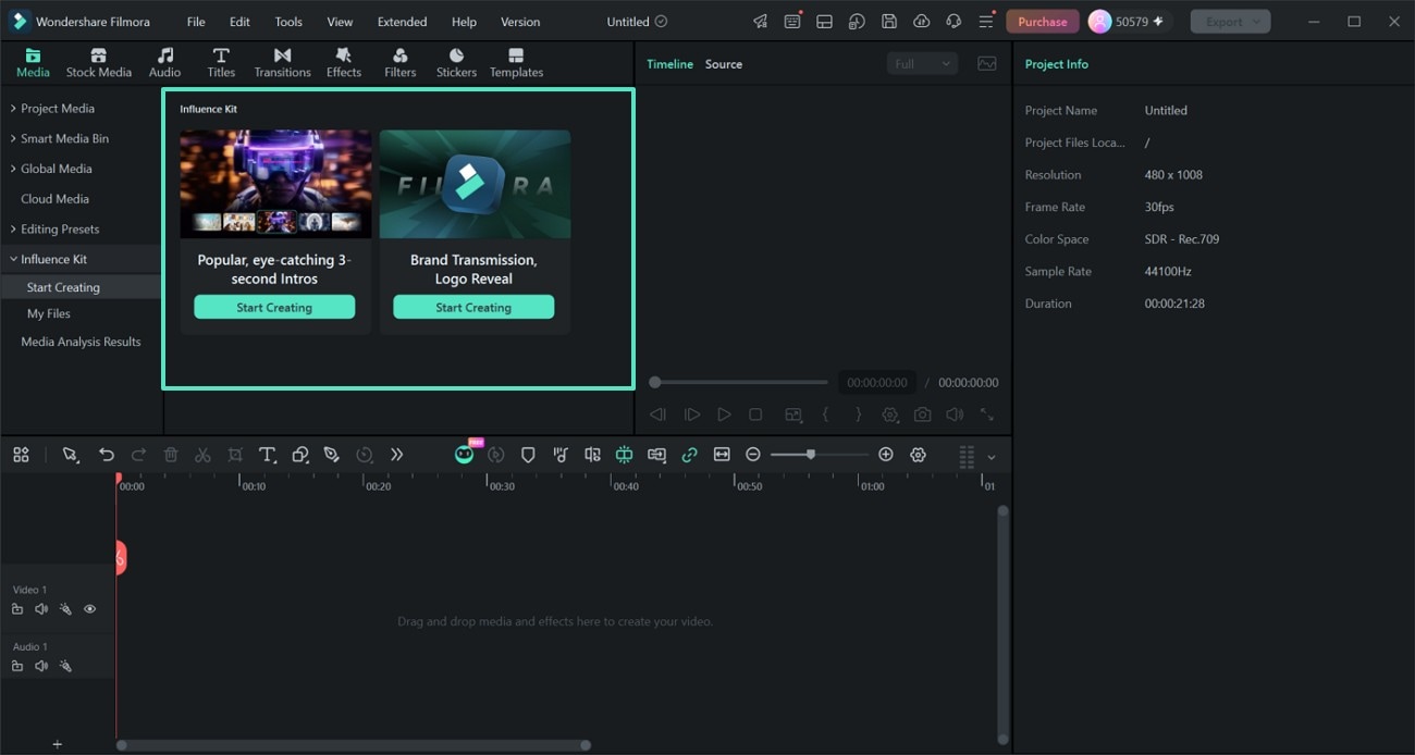 Start Creating options in Filmora