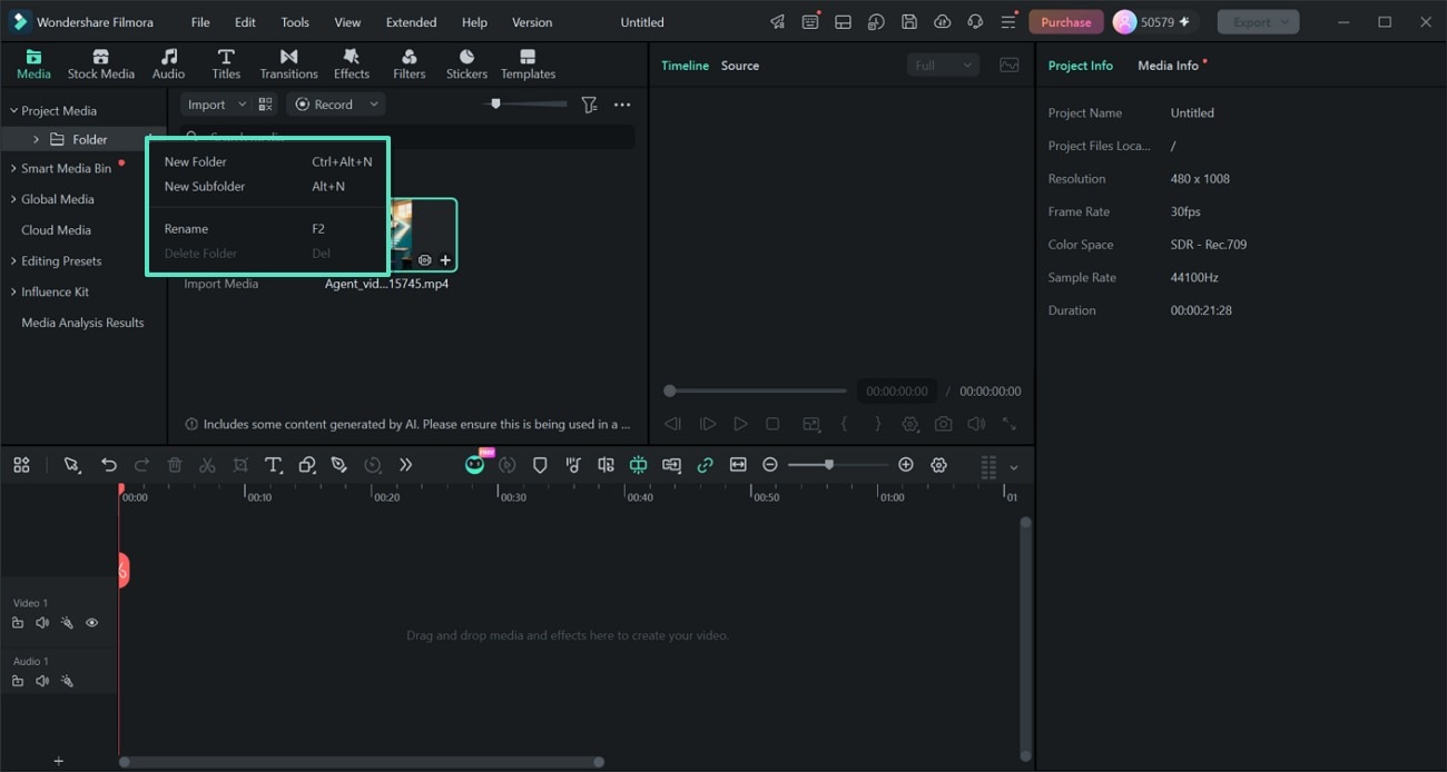 New folder options in Filmora