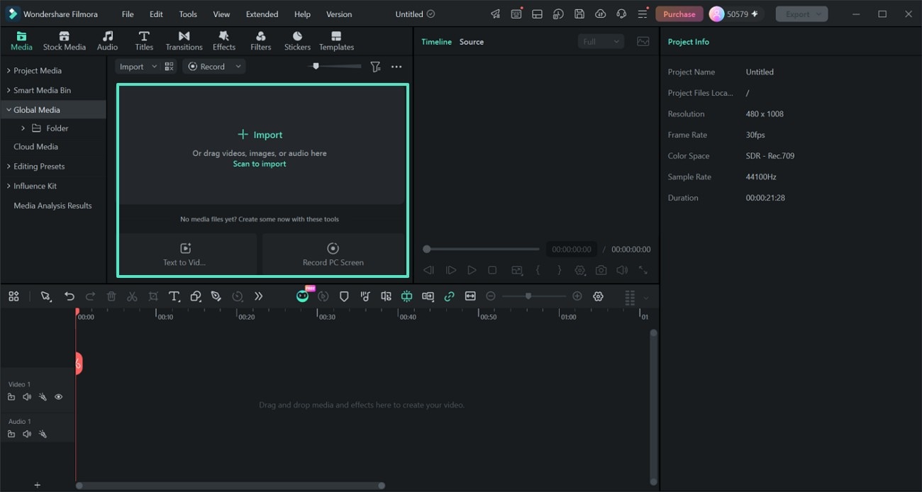 Global Media tab in Filmora