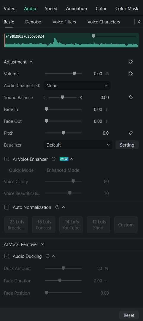 audio properties in filmora