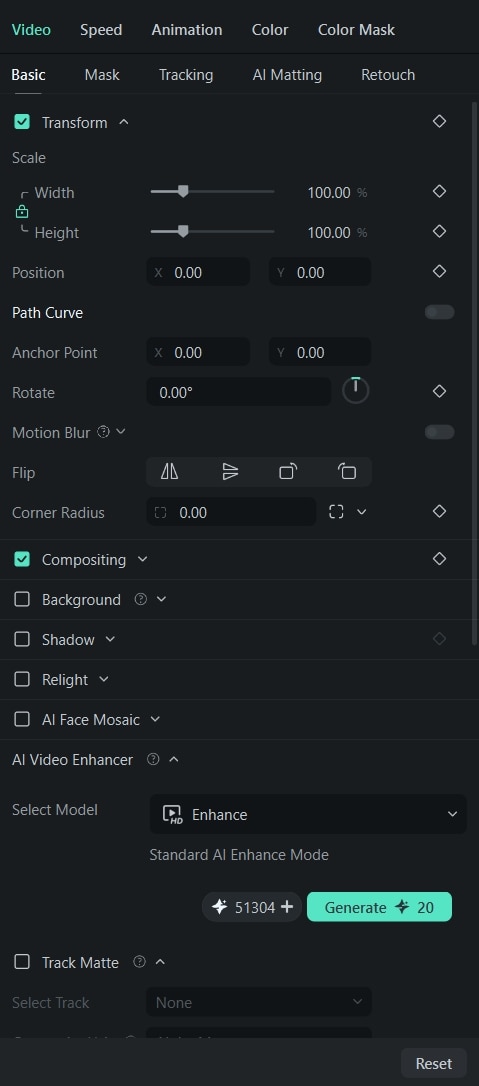 Filmora Property Panel for Windows