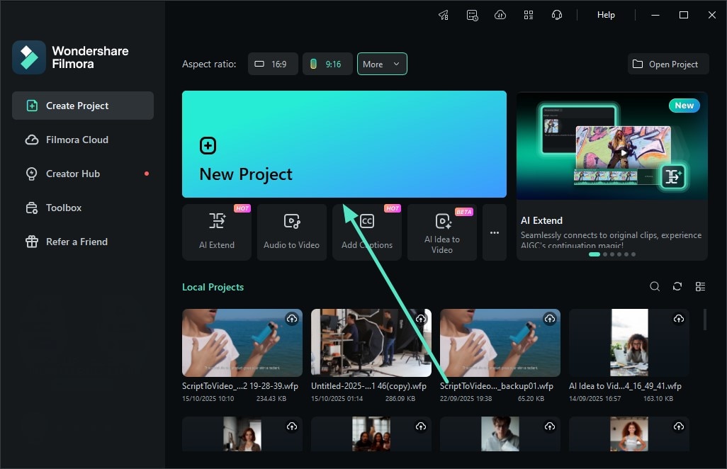 create new filmora project