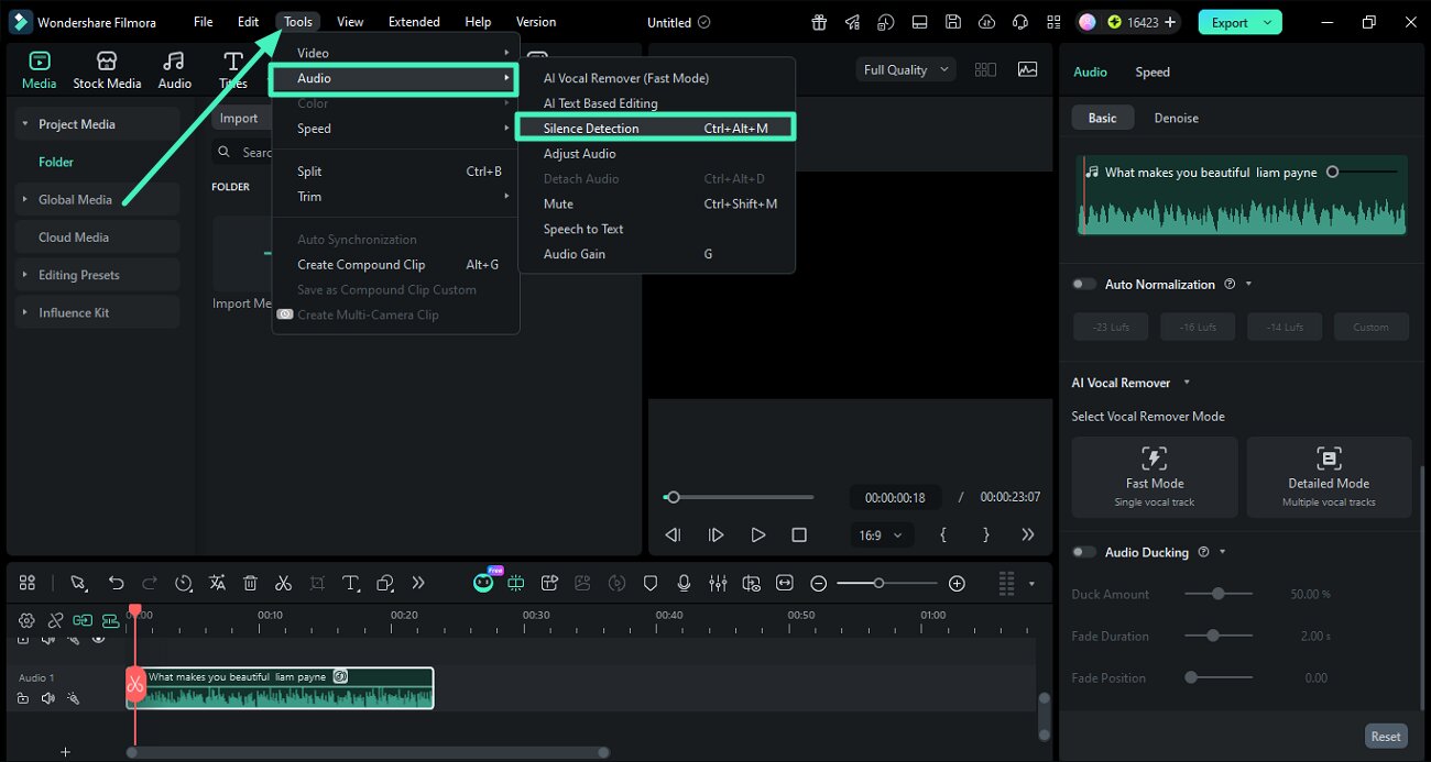 select silence detection tool in filmora