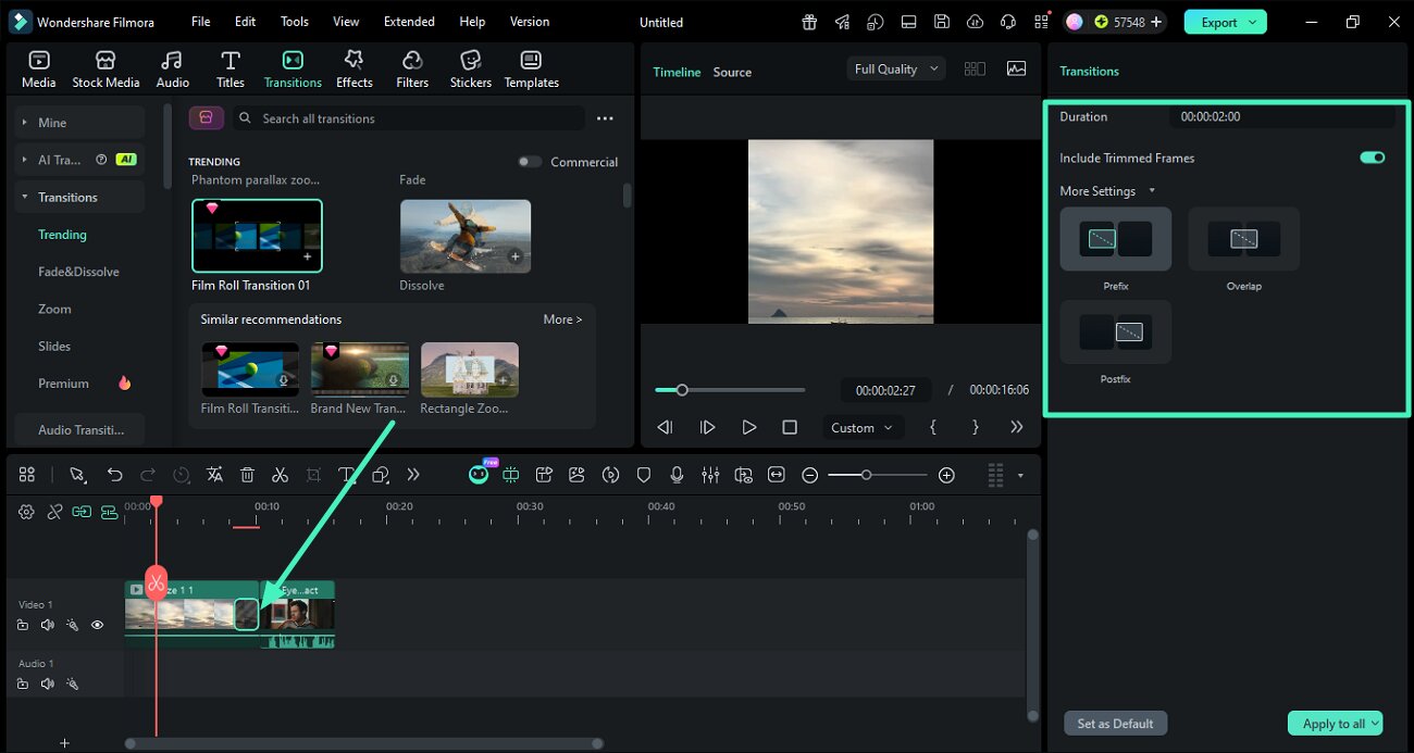 adjust transition settings in filmora