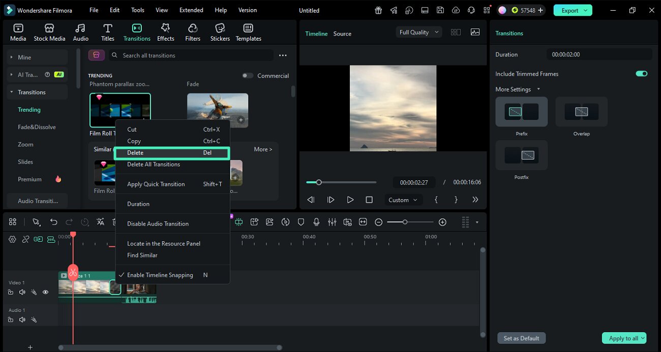 remove transition from clip