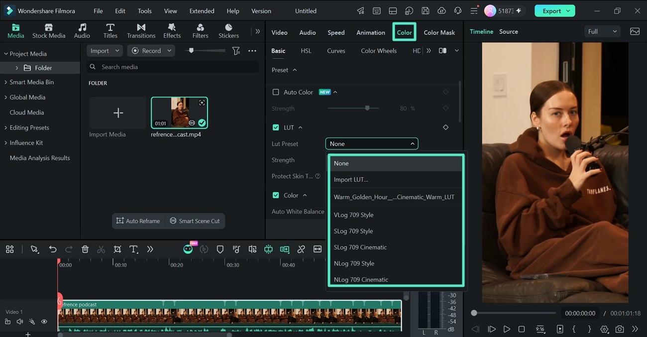 Abrir as configurações de LUT no Filmora