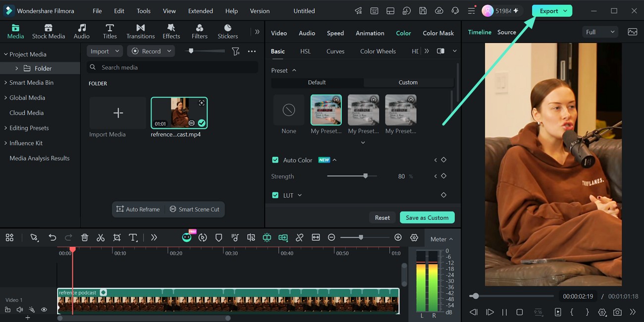 Visualizar e exportar um vídeo com cores corrigidas no Filmora