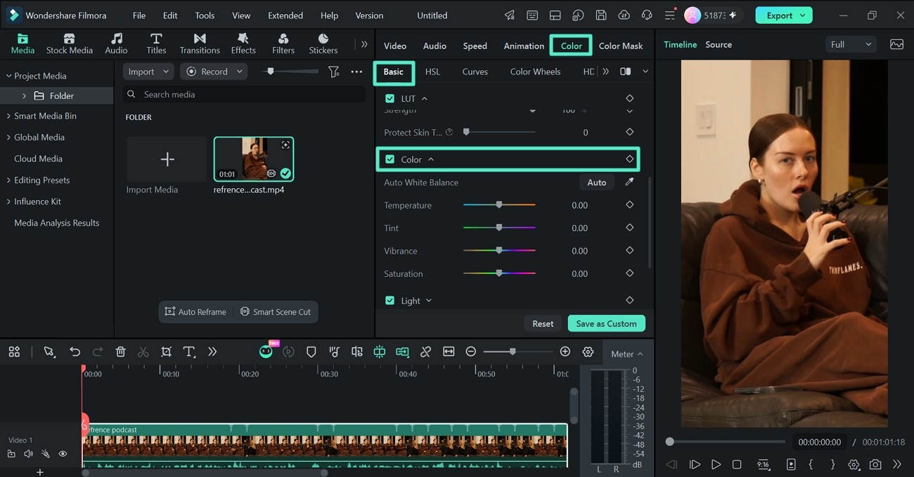 open Filmora Basic Color controls