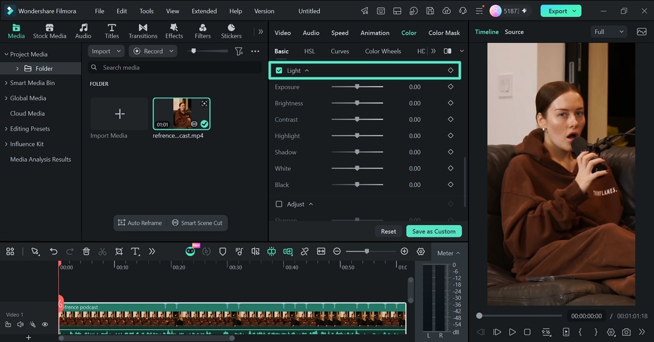 Abrir as configurações de iluminação do vídeo no Filmora
