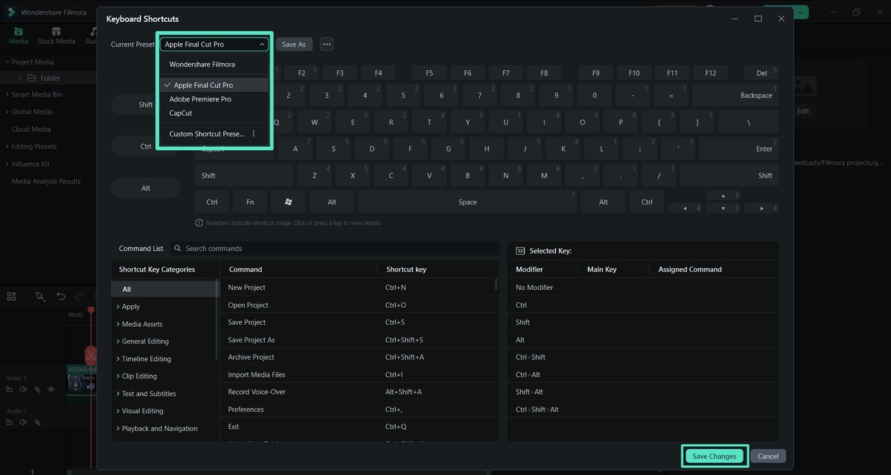 change shortcut presets filmora
