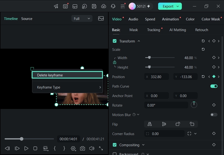 Delete a keyframe