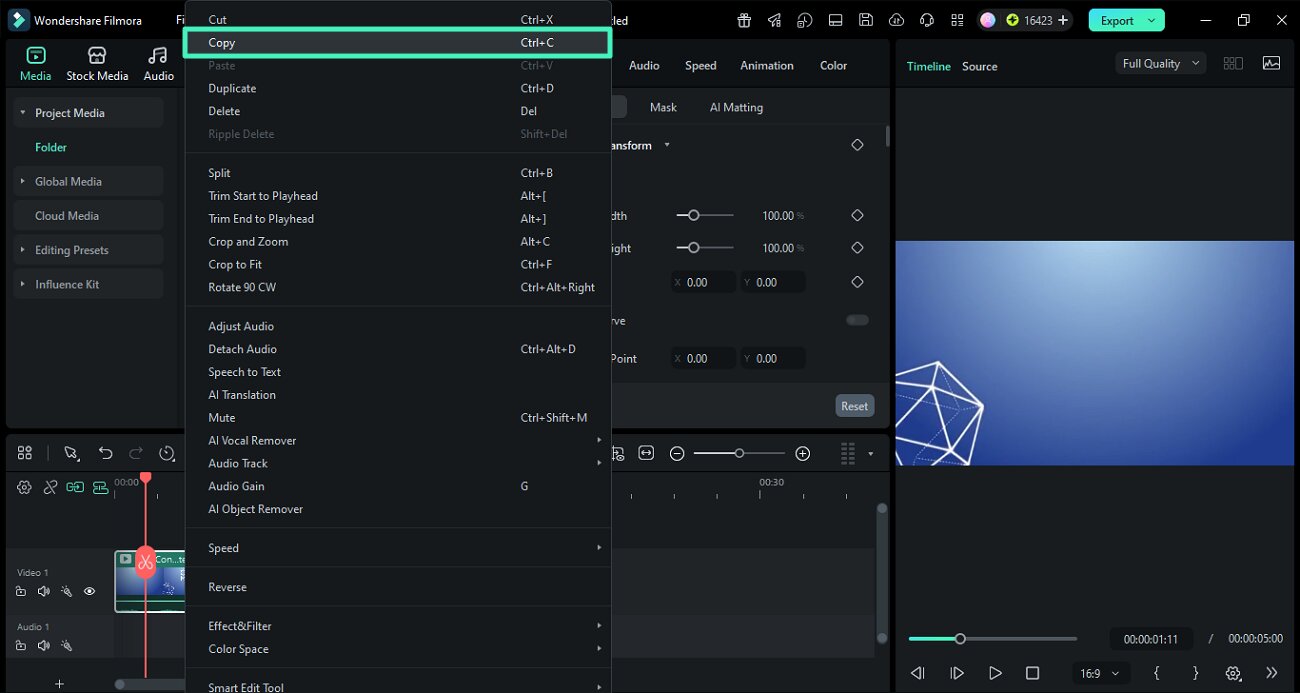copy clip filmora timeline