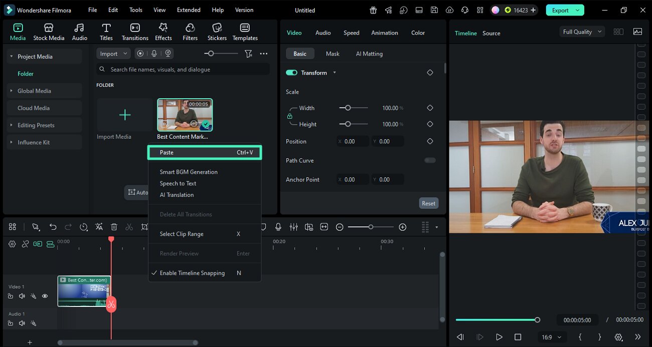 paste clip in timeline
