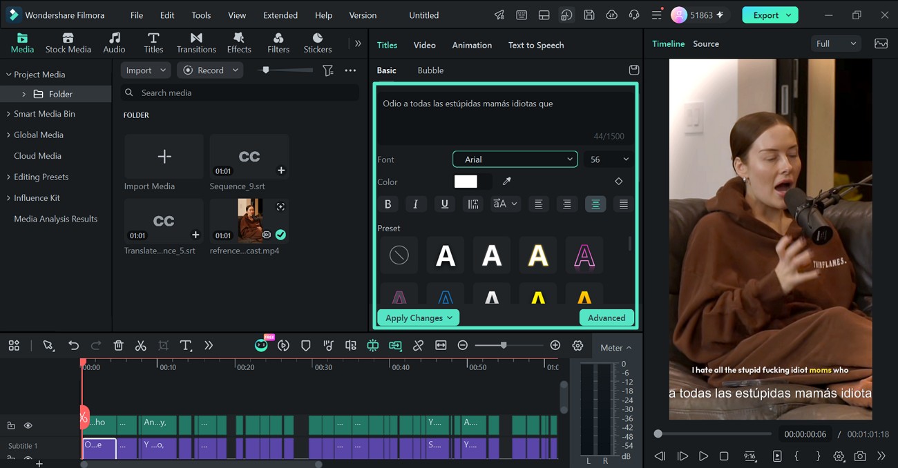 open filmora subtitle track controls